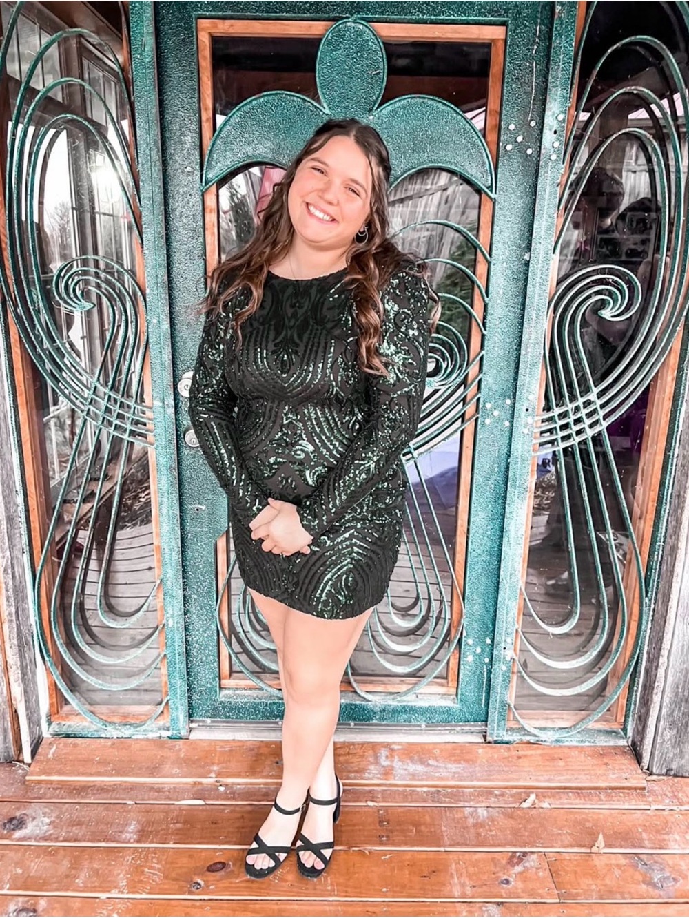Women’s Large Emerald Green Sequin Long Sleeve Mini Formal Dress Holiday Party